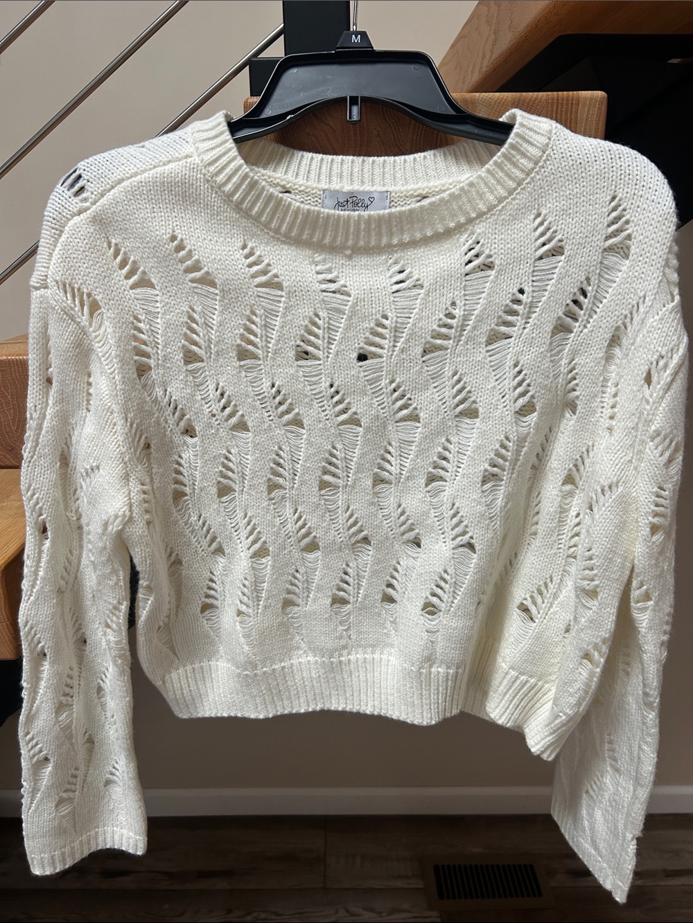 Open-Knit Crewneck Sweater in Cream - just Polly New York Women